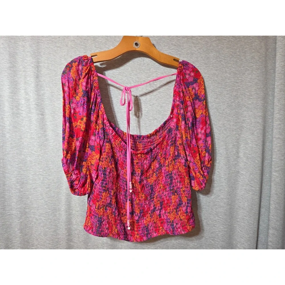 Free People Smocked Floral Puff Sleeve Tie Back Top Pink Orange Large